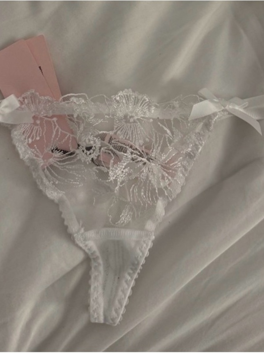 Agent Provocateur Sheer White Floral Lace Thong with Satin Bows